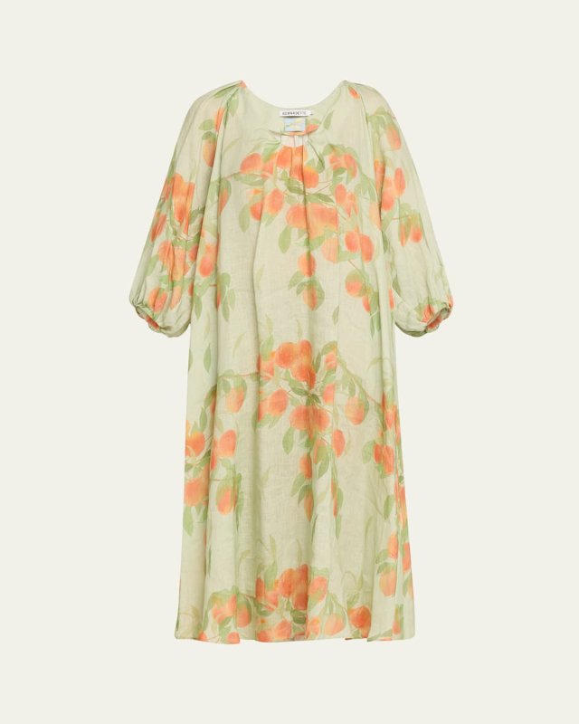 Peach Print Puff-Sleeve Linen Dress